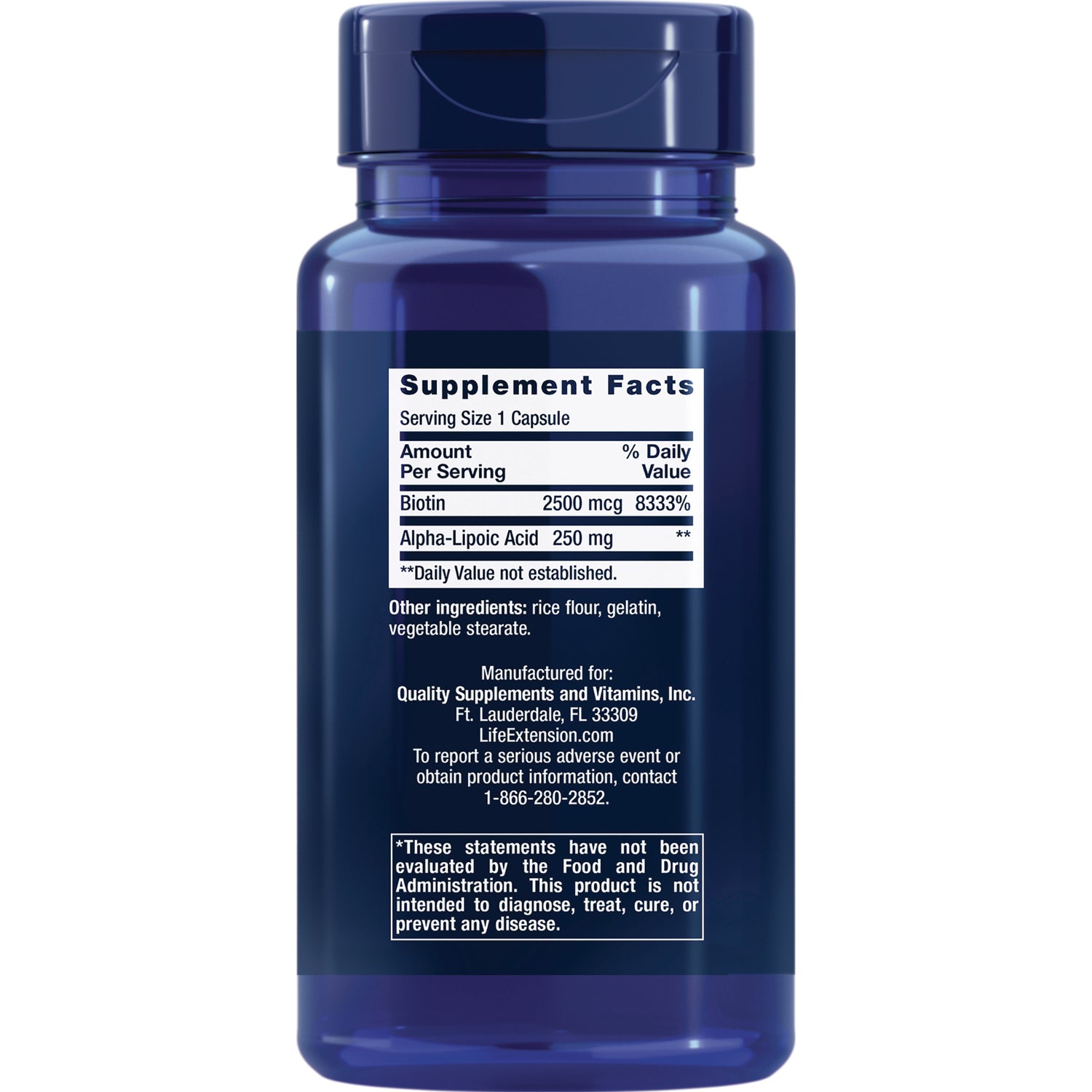 LE018 | Back label showing Supplement Facts listing Biotin 2500 mcg and Alpha-Lipoic Acid 250 mg, ingredients and manufacturer info