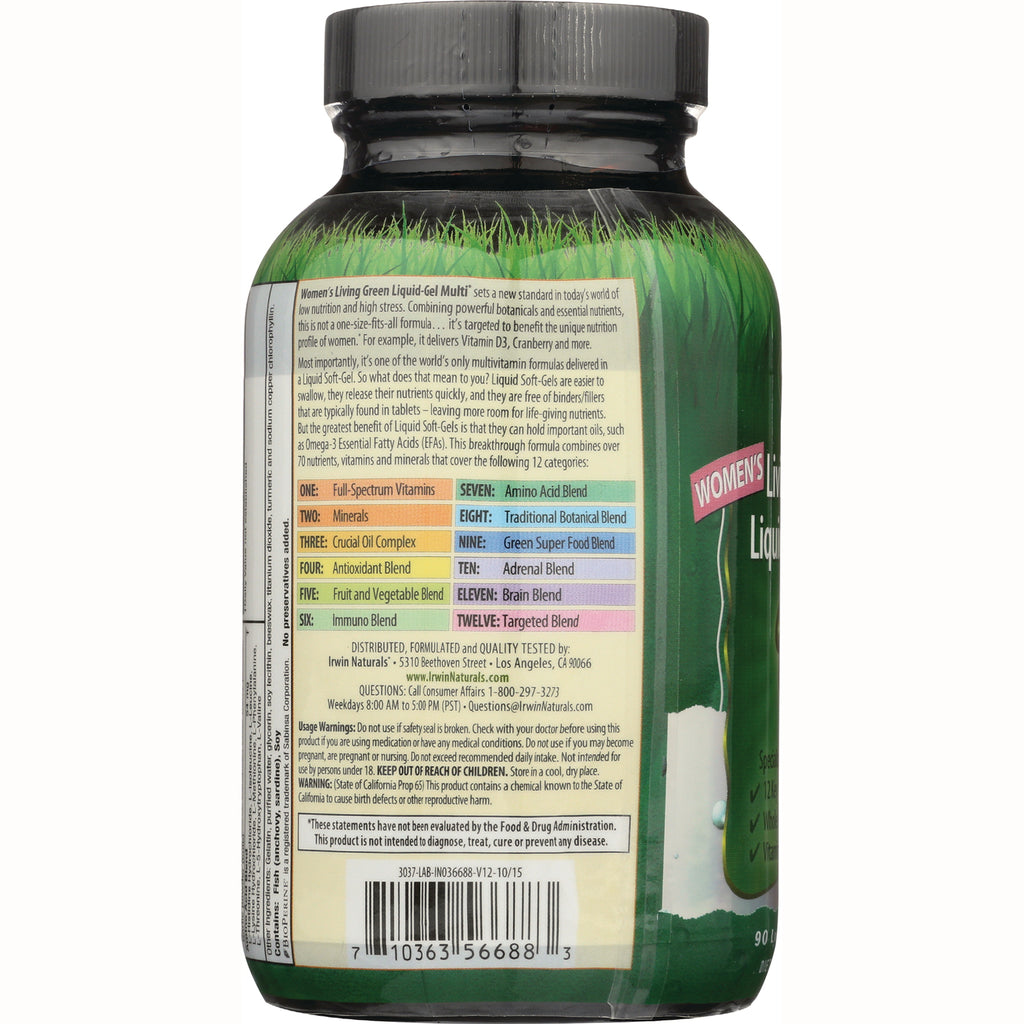 IR081 | back label infographic of women's green liquid multivitamin listing 12 blends, ingredient info and barcode - Thumbnail