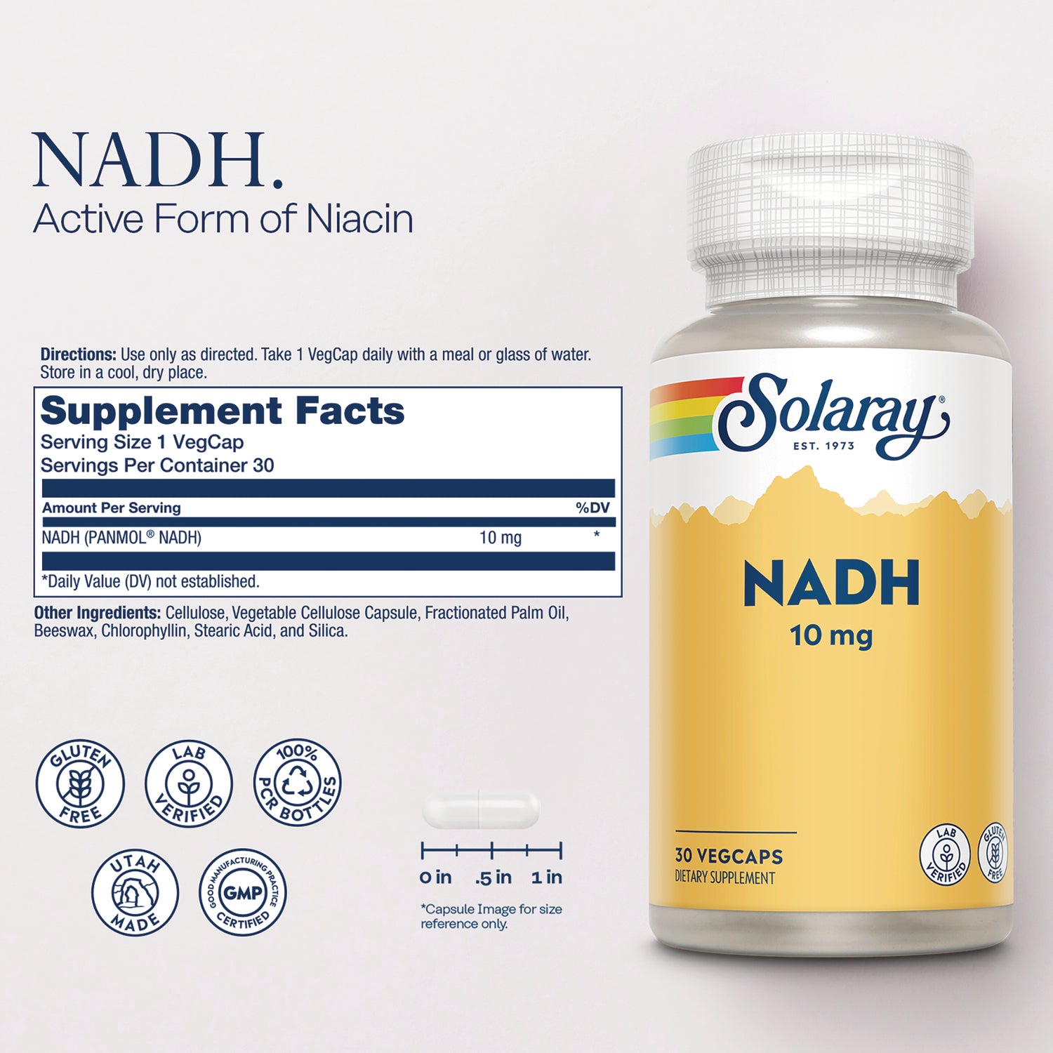 SLR538 | Back label with Supplement Facts for Solaray NADH 10 mg, 30 VegCaps