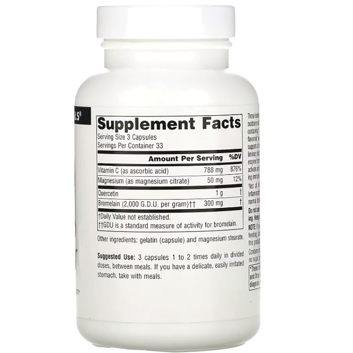 SN185 | Back of white supplement bottle showing Supplement Facts panel with ingredients and suggested use