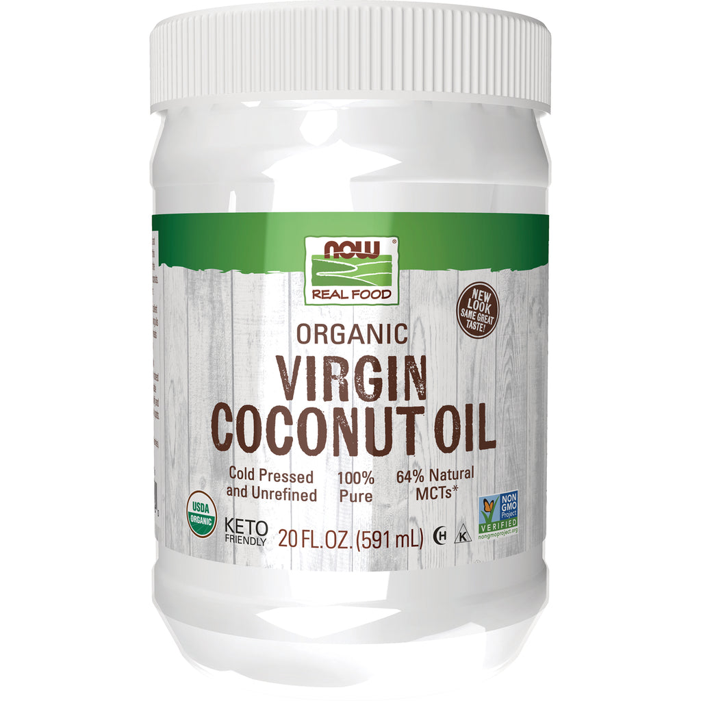 NWF077 | NOW Real Food organic virgin coconut oil jar with label reading ORGANIC VIRGIN COCONUT OIL 20 FL. OZ (591 mL) - Thumbnail
