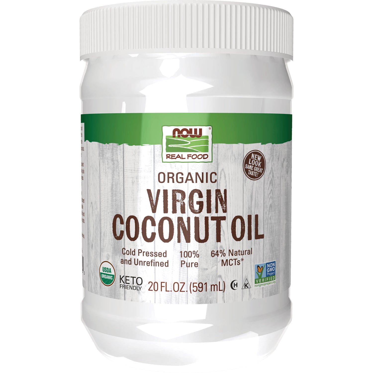NWF077 | NOW Real Food organic virgin coconut oil jar with label reading ORGANIC VIRGIN COCONUT OIL 20 FL. OZ (591 mL)