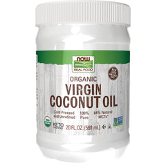NWF077 | NOW Real Food organic virgin coconut oil jar with label reading ORGANIC VIRGIN COCONUT OIL 20 FL. OZ (591 mL)
