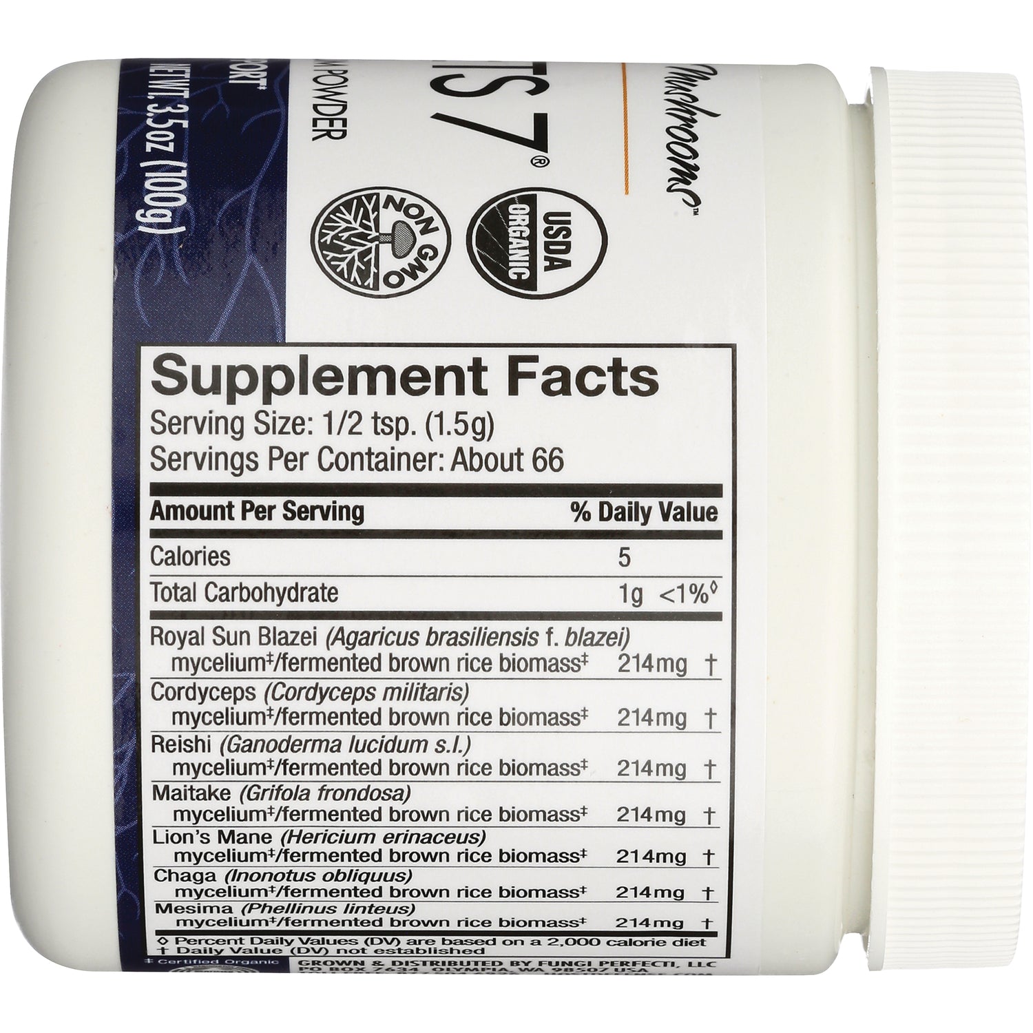 FUN029 | Supplement Facts label showing serving size 1/2 tsp (1.5g), servings per container about 66, ingredient names and mg amounts