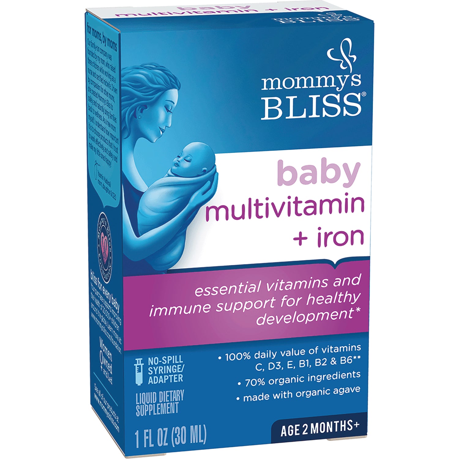 MMB004 | Mommy's Bliss baby multivitamin + iron box front showing mother holding swaddled baby and product details