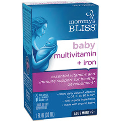 MMB004 | Mommy's Bliss baby multivitamin + iron box front showing mother holding swaddled baby and product details