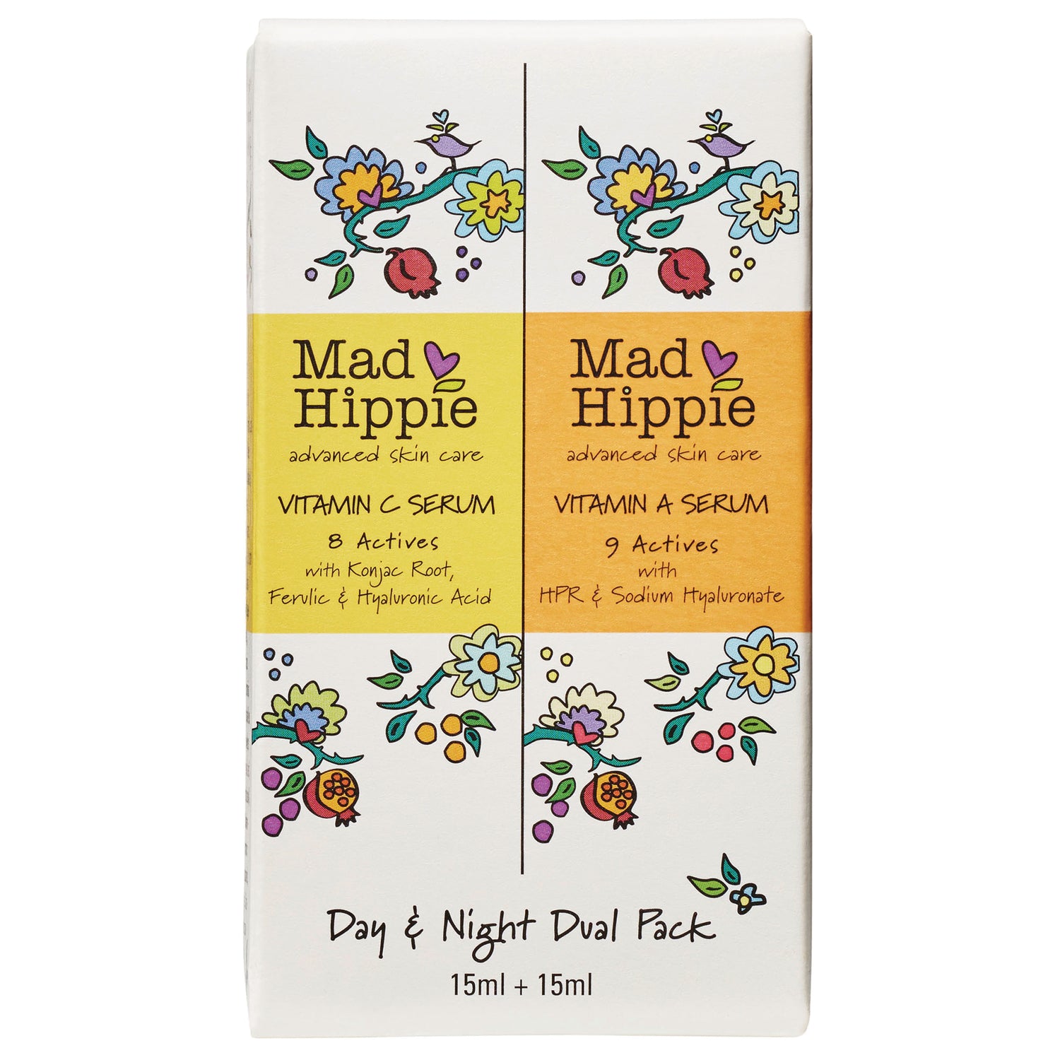 HIP016 | Mad Hippie Day & Night dual pack packaging showing Vitamin C and Vitamin A serums 15ml + 15ml