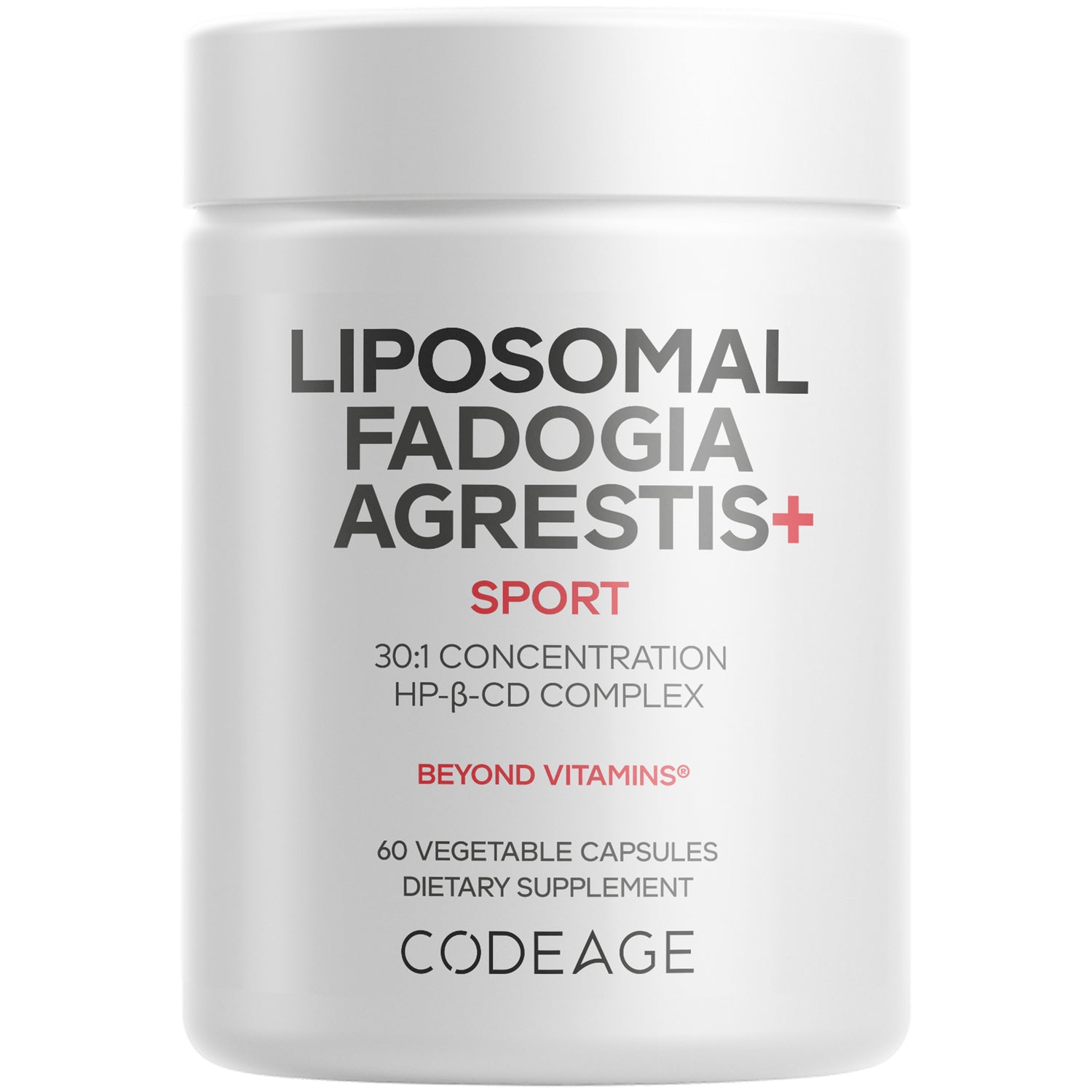 CDG057 | white supplement jar labeled LIPOSOMAL FADOGIA AGRESTIS+ SPORT, 60 vegetable capsules, CODEAGE