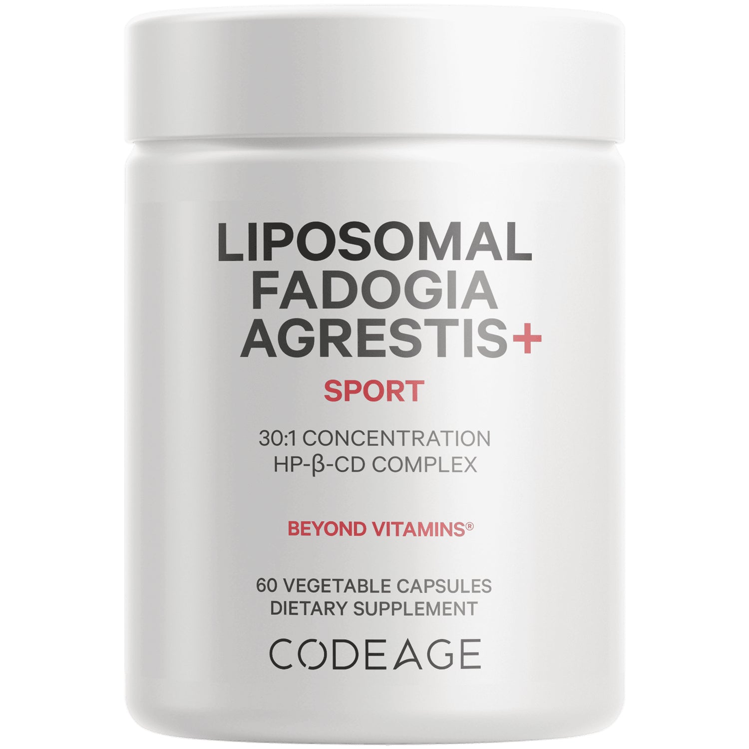 CDG057 | white supplement jar labeled LIPOSOMAL FADOGIA AGRESTIS+ SPORT, 60 vegetable capsules, CODEAGE