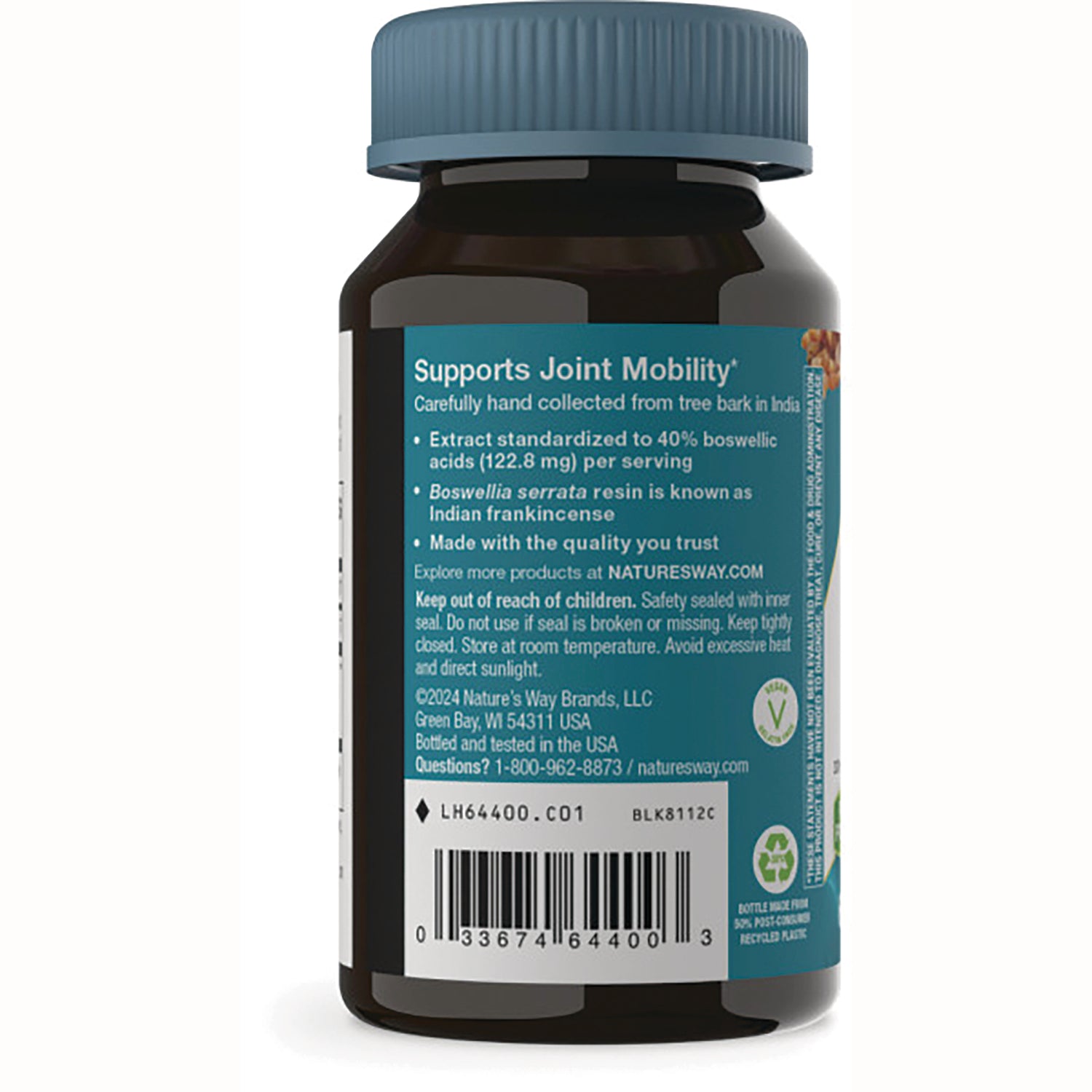 NW685 | back label of brown supplement bottle reading Supports Joint Mobility, ingredients and barcode