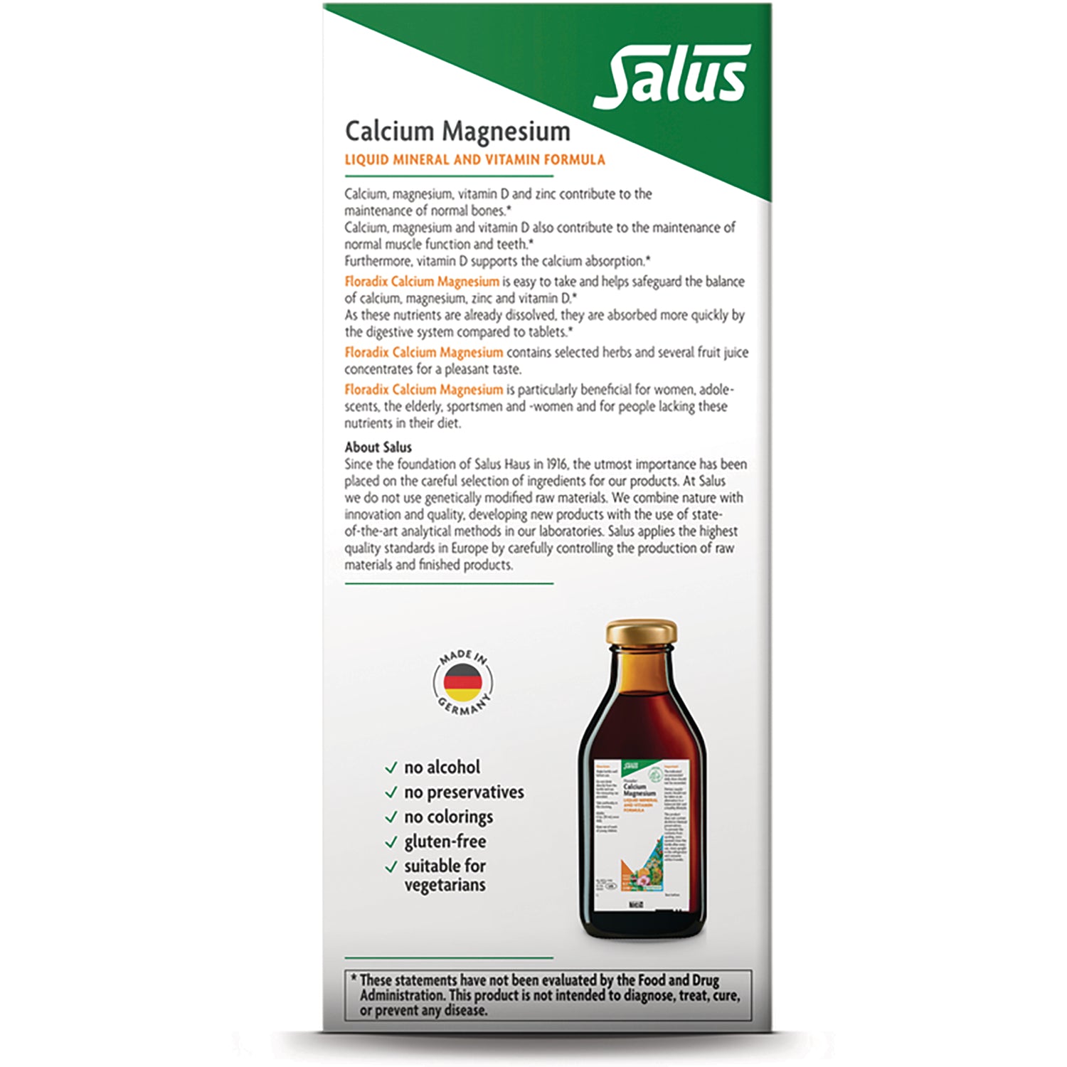 FDX006 | back of Calcium Magnesium liquid supplement box showing ingredient and usage text, product claims and bottle image