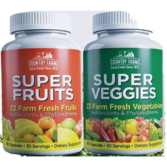 CFR030 | Two Country Farms supplement bottles labeled SUPER FRUITS and SUPER VEGGIES front view