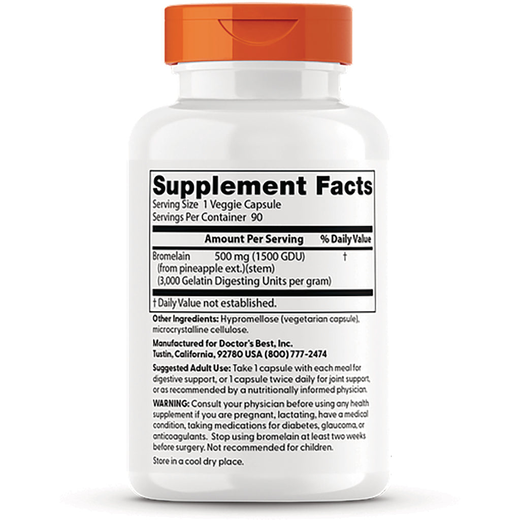 DB195 | Supplement Facts label and warnings on back of white supplement bottle showing Bromelain 500 mg and usage directions - Thumbnail