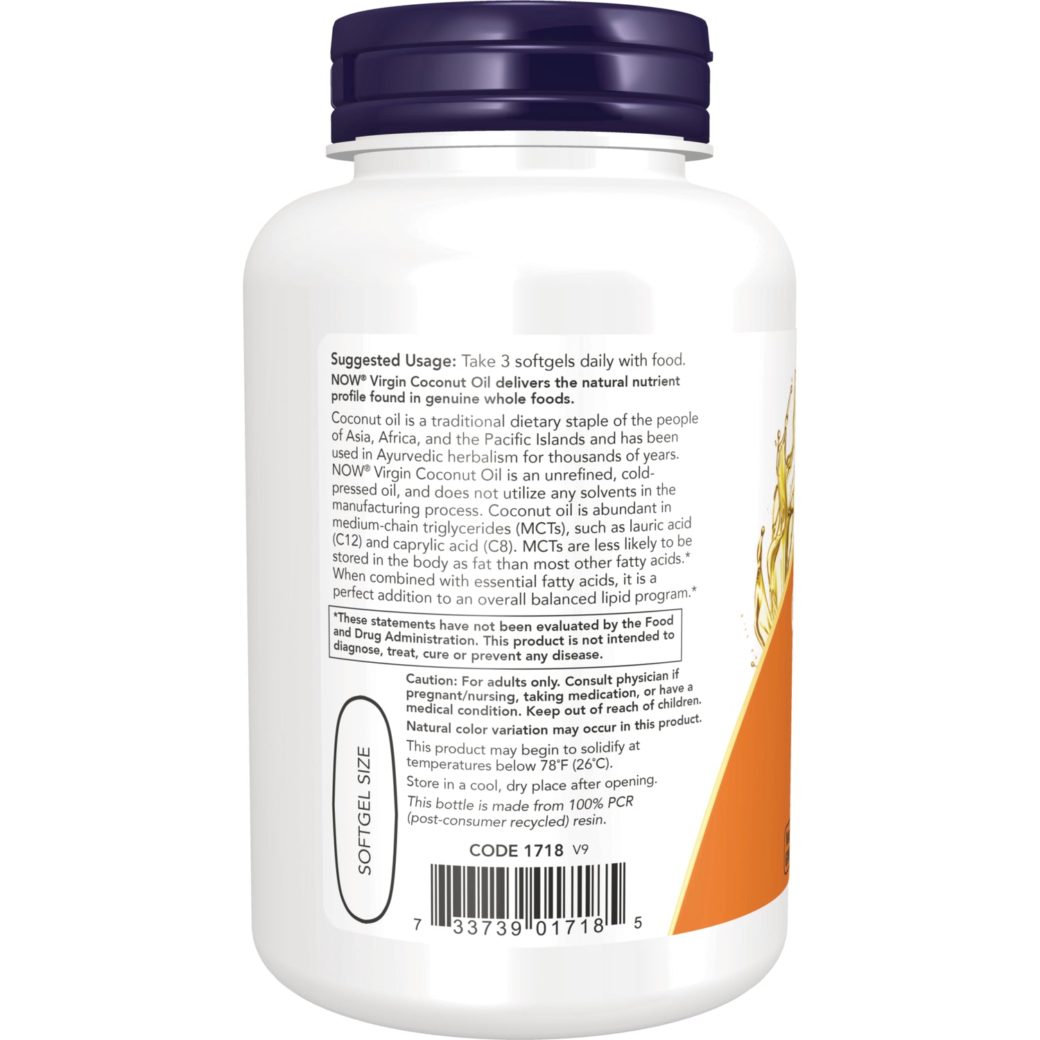 NWF119 | Back label of white supplement bottle showing suggested usage, cautions, softgel size mark and barcode
