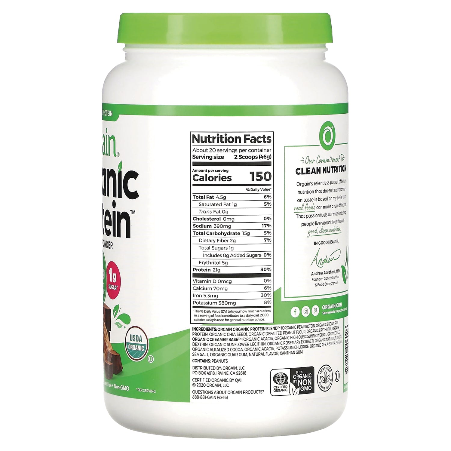 OGN012 | Back of white protein powder tub showing Nutrition Facts panel, ingredients and brand Clean Nutrition text