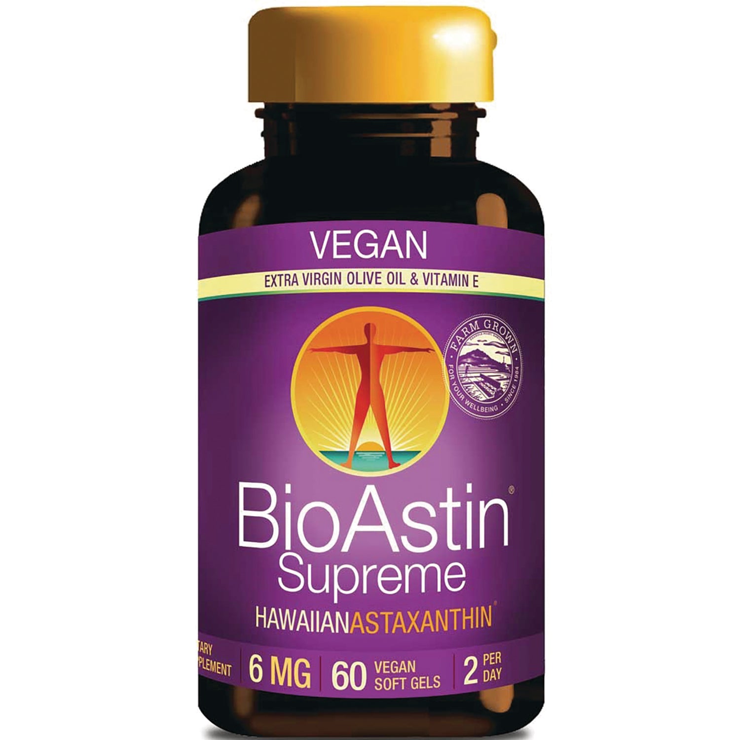 NUT002 | BioAstin Supreme Hawaiian astaxanthin vegan softgel bottle labeled 6 mg 60 vegan soft gels