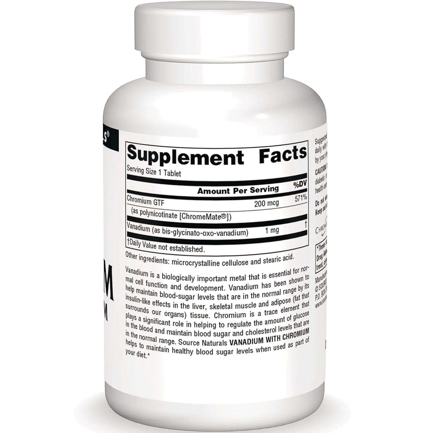 SN665 | Back label with Supplement Facts panel (Chromium GTF 200 mcg, Vanadium 1 mg) and other ingredients