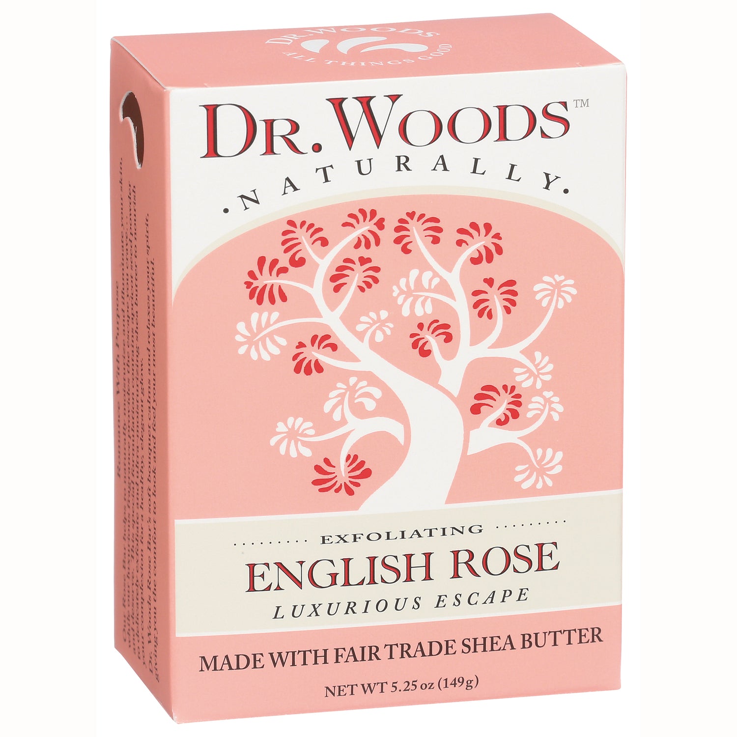 DRW020 | Dr. Woods English Rose soap box front, pink tree graphic, labeled ENGLISH ROSE and MADE WITH FAIR TRADE SHEA BUTTER