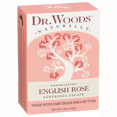 DRW020 | Dr. Woods English Rose soap box front, pink tree graphic, labeled ENGLISH ROSE and MADE WITH FAIR TRADE SHEA BUTTER