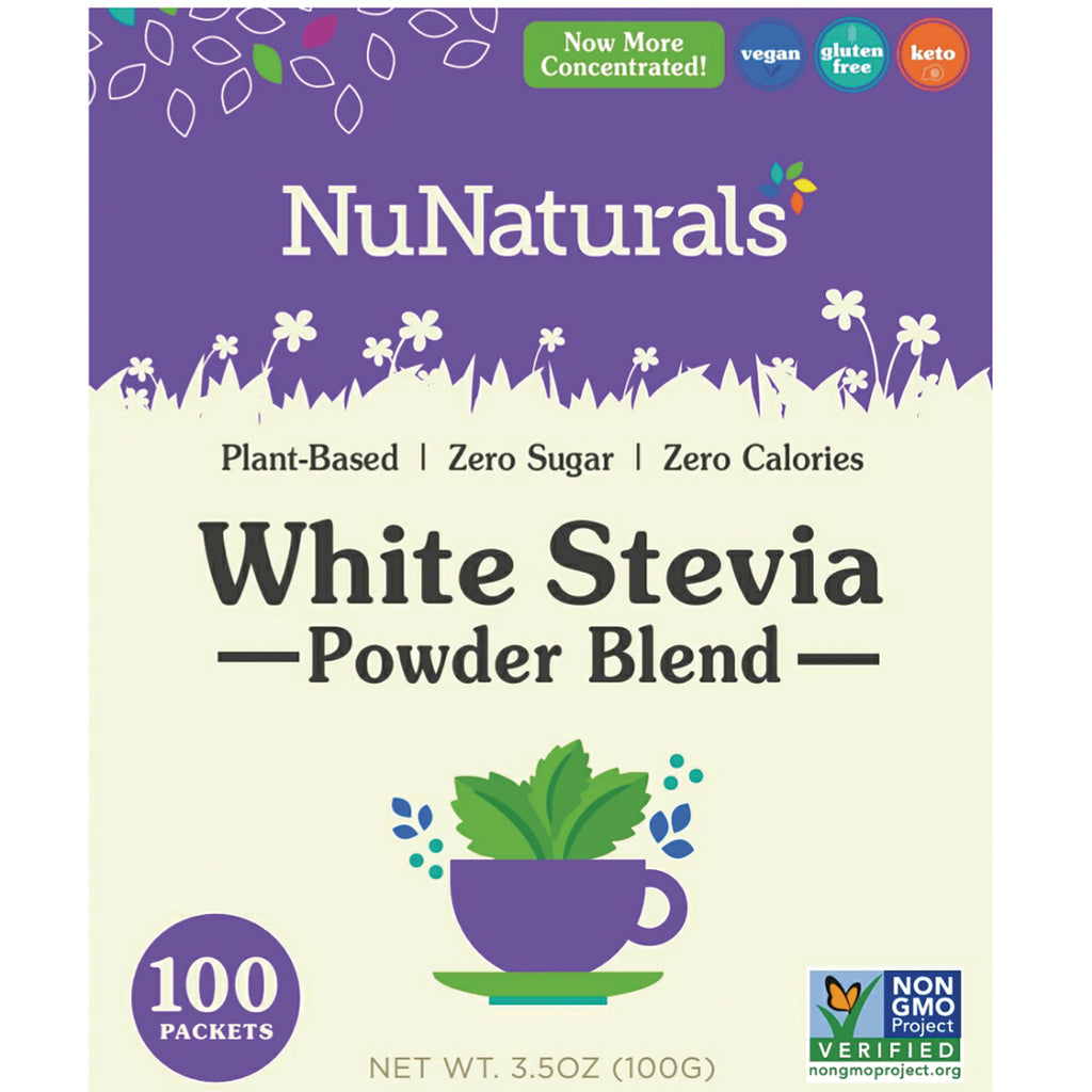 NN046 | NuNaturals White Stevia Powder Blend front packaging showing 100 packets and Non-GMO badge - Thumbnail