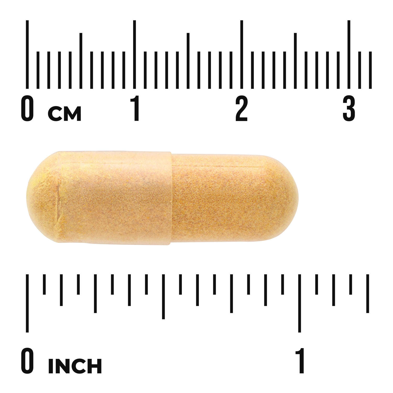 SW1592 | Yellow capsule shown with cm and inch rulers for size reference