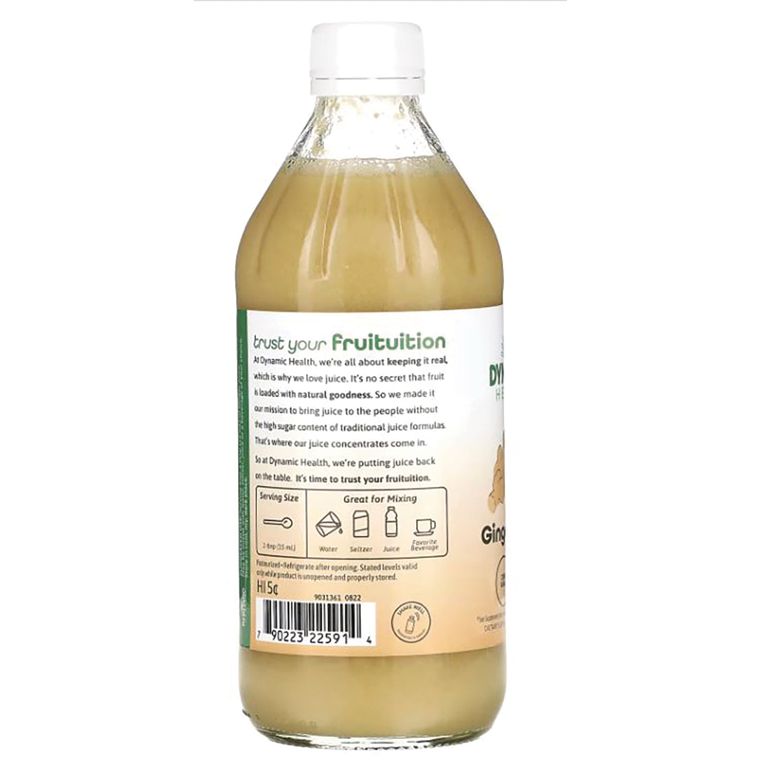 DYH053 | back label of ginger juice bottle with brand blurb, mixing icons and barcode