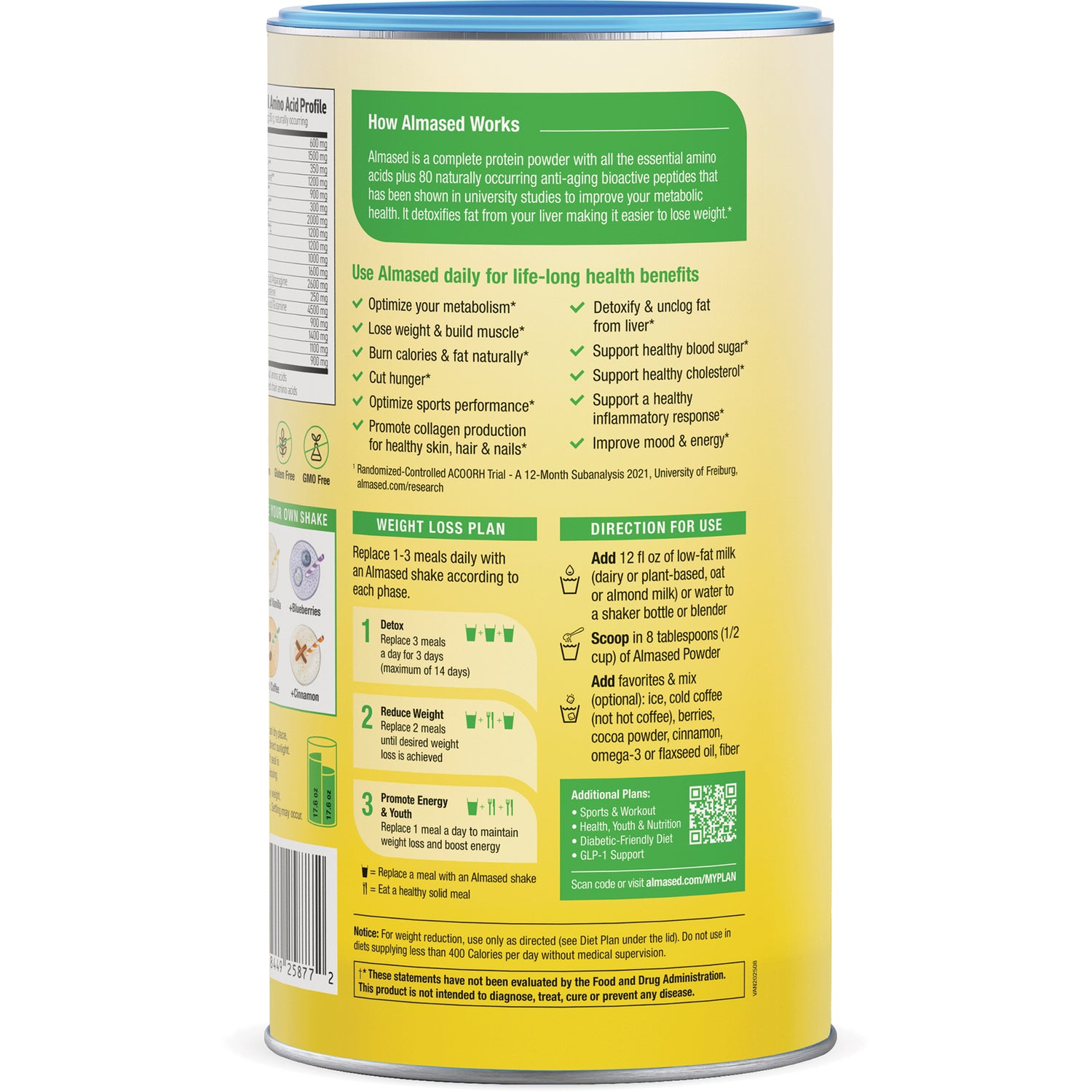 ALM006 | Almased protein powder back label with How Almased Works, Weight Loss Plan, and Direction for Use