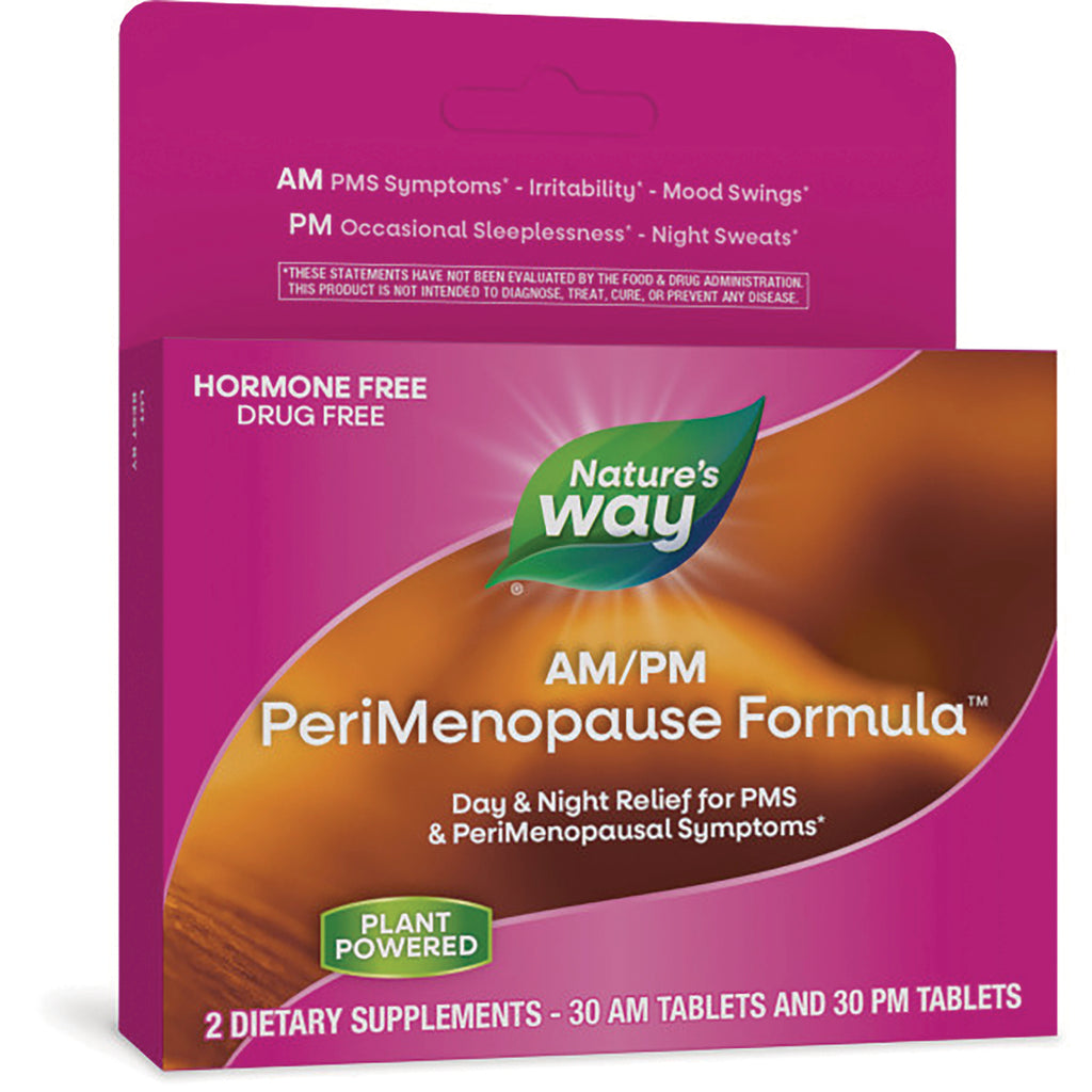 ET379 | Nature's Way AM/PM PeriMenopause Formula box, pink and orange packaging labeled plant powered and hormone free - Thumbnail