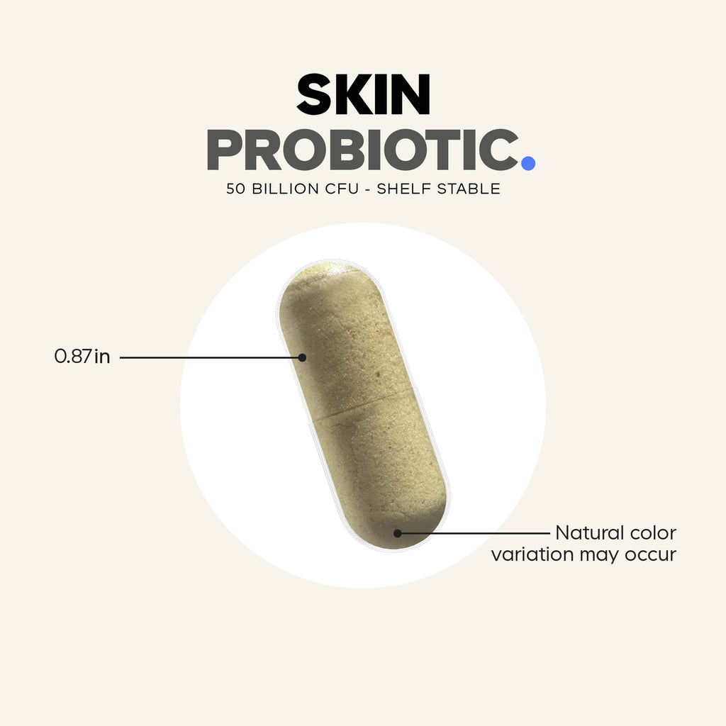 CDG053 | Skin Probiotic capsule infographic showing 50 billion CFU, 0.87 in size, and natural color variation - Thumbnail