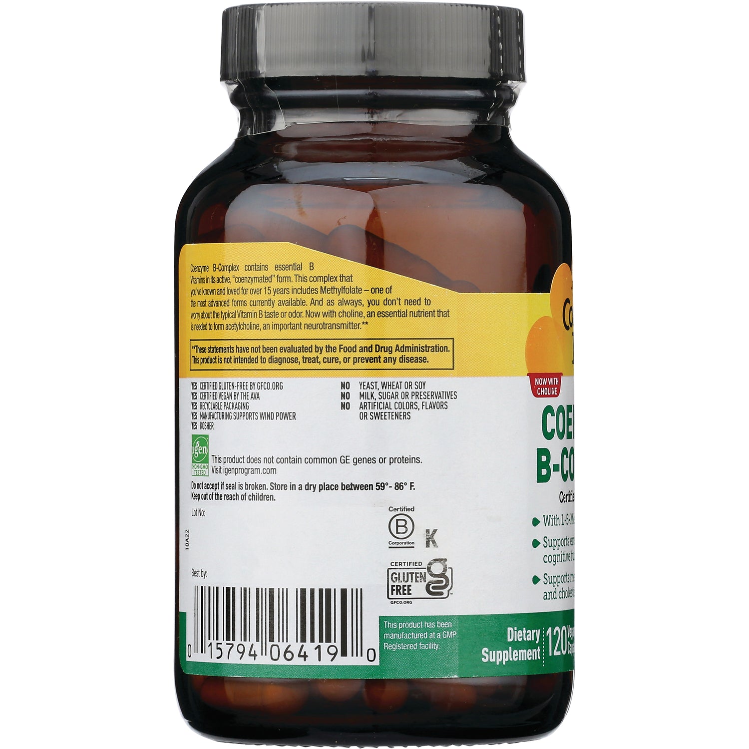 CRL383 | back label of brown supplement bottle showing ingredients, warnings, certifications and barcode