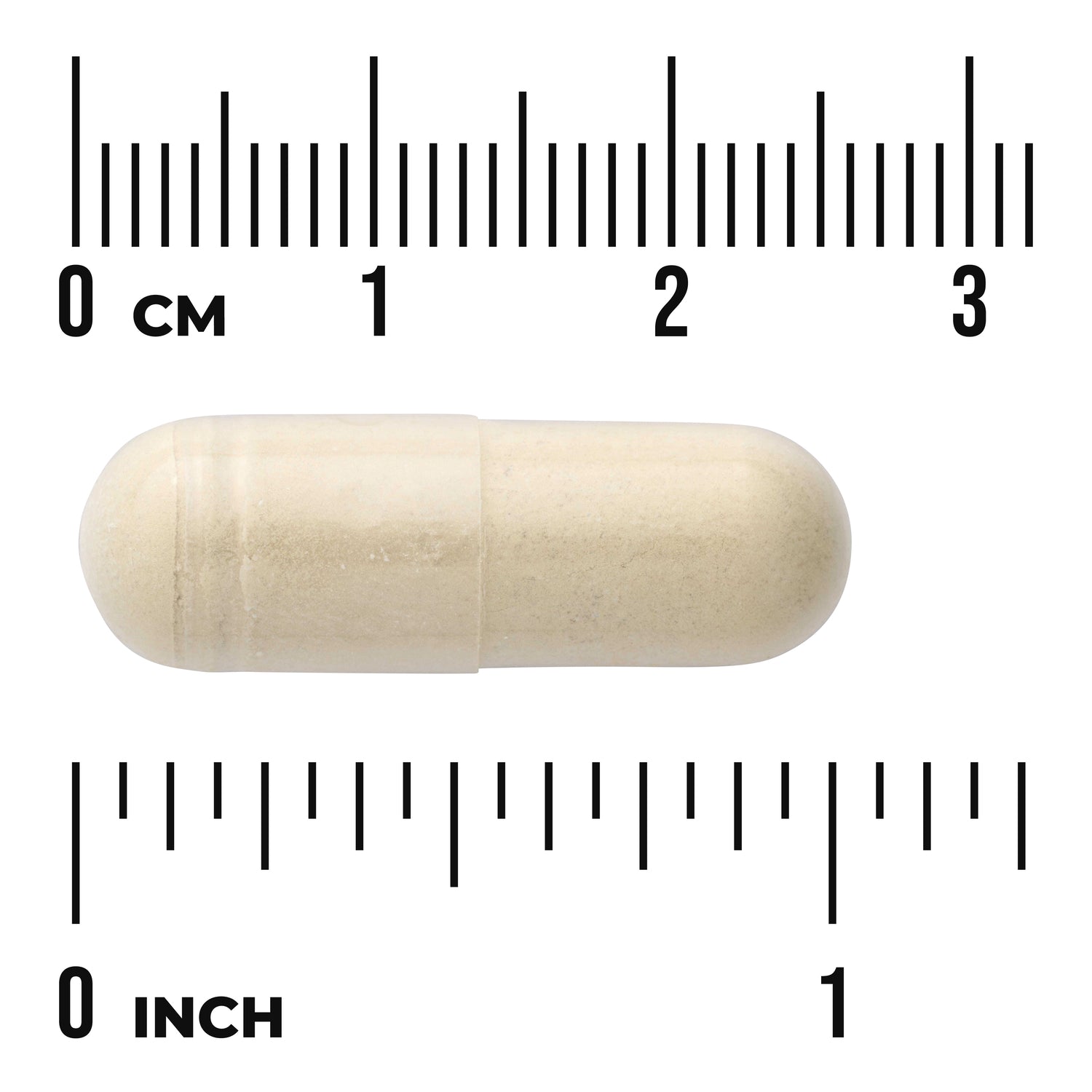 SWU720 | Beige capsule shown against cm and inch rulers