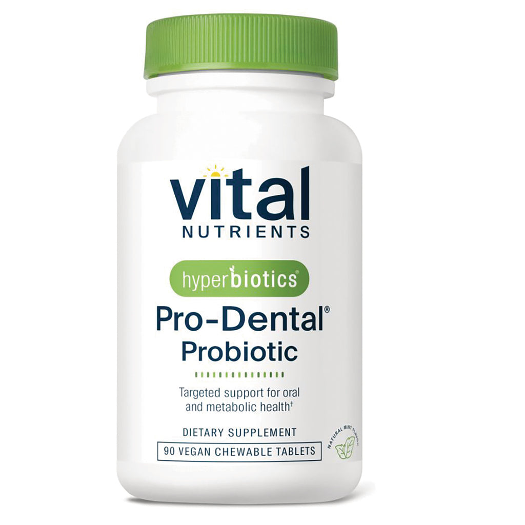 HYP005 | Vital Nutrients Pro-Dental Probiotic bottle with white label and green cap, 90 vegan chewable tablets - Thumbnail