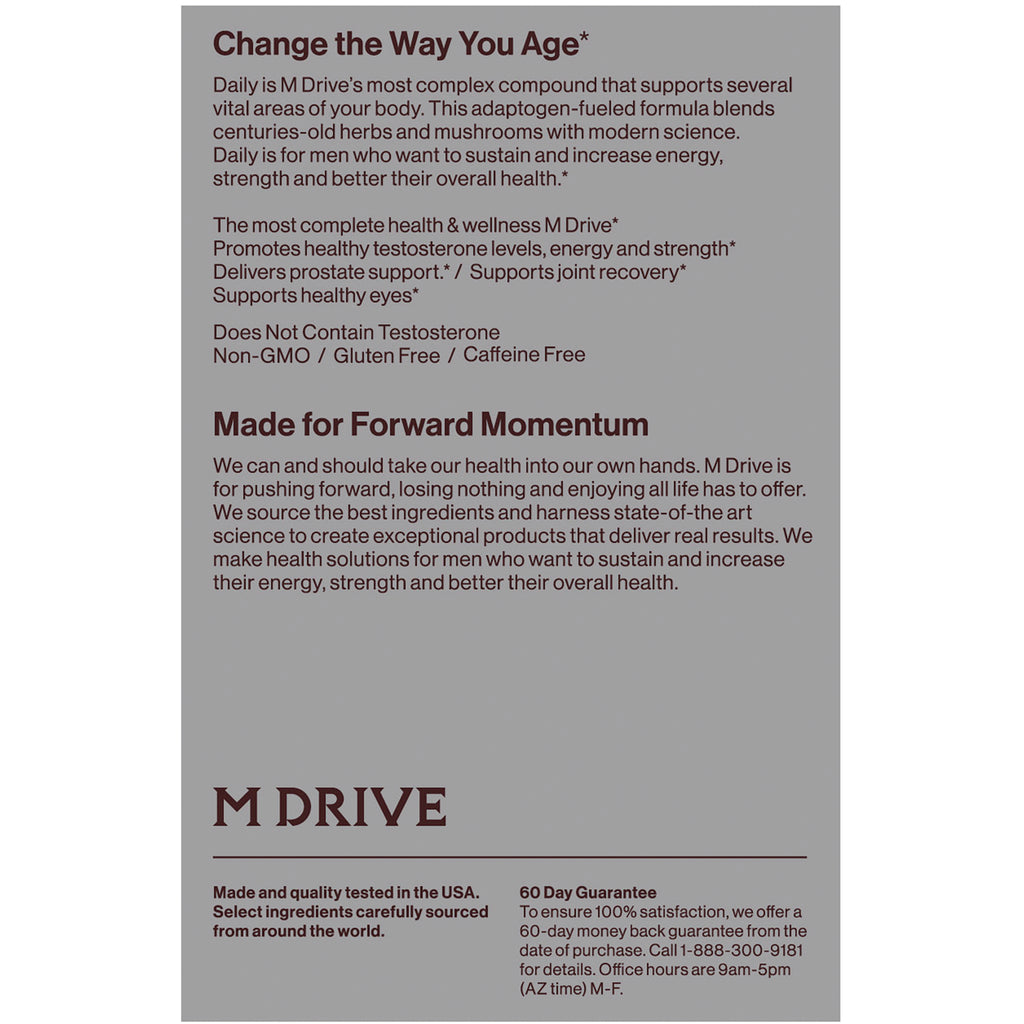 OCN006 | Back of M DRIVE supplement box showing product benefits, claims, logo and 60 day guarantee - Thumbnail