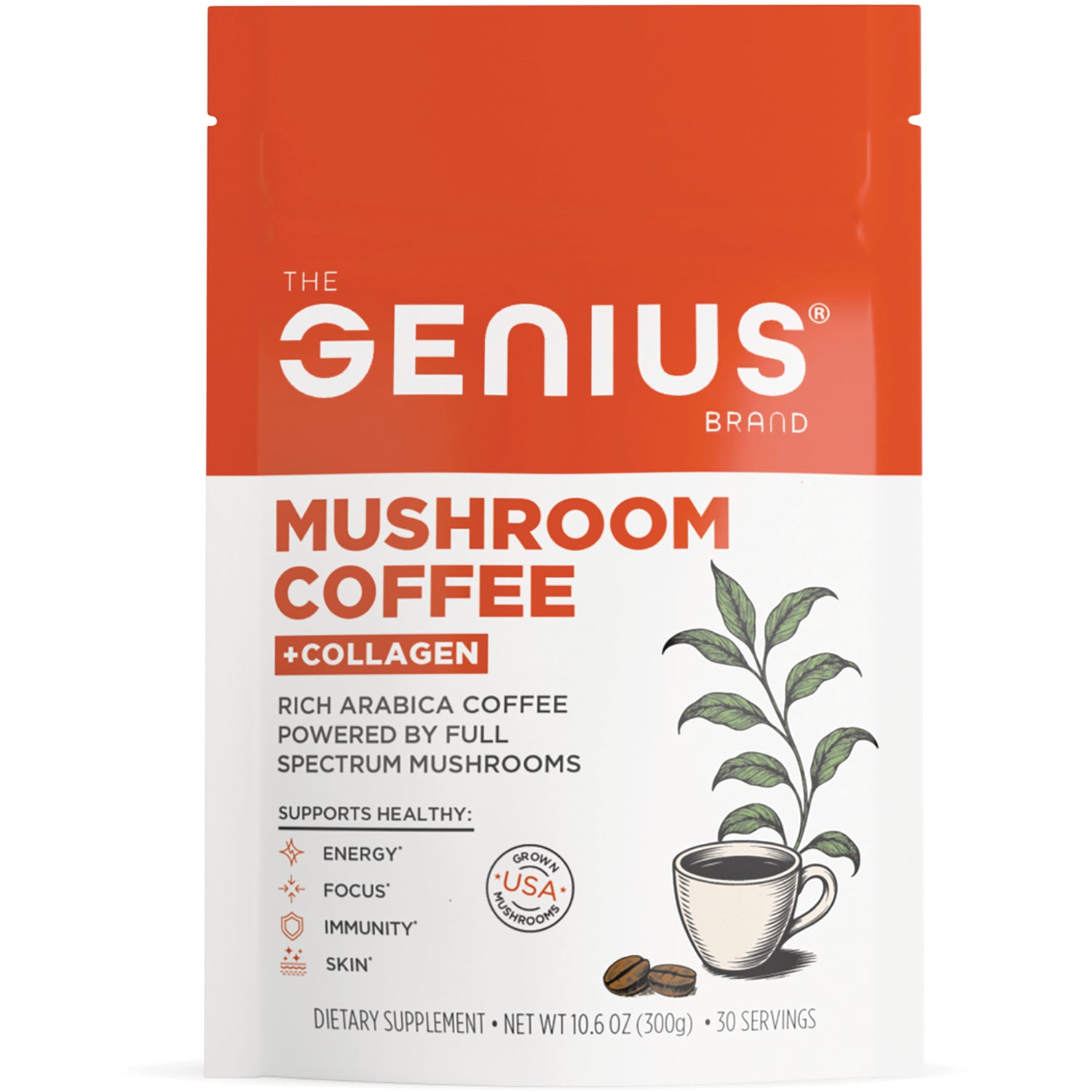 GBR004 | The Genius mushroom coffee pouch labeled MUSHROOM COFFEE +COLLAGEN with cup illustration and coffee beans