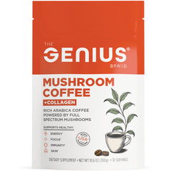 GBR004 | The Genius mushroom coffee pouch labeled MUSHROOM COFFEE +COLLAGEN with cup illustration and coffee beans