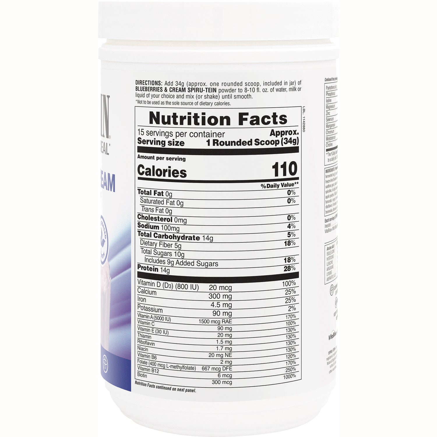 NTP082 | Back label showing Nutrition Facts panel with serving size 1 Rounded Scoop (34g) and Calories 110