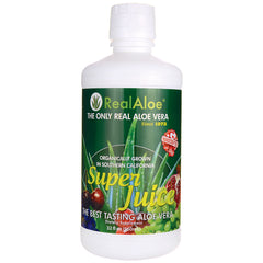 RA004 | white plastic bottle of RealAloe Super Juice aloe vera dietary supplement, 32 fl oz, green label