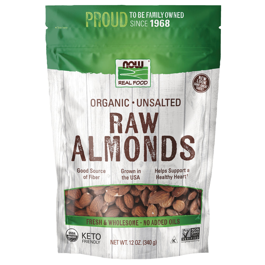 NWF1411 | NOW Real Food organic unsalted RAW ALMONDS front pouch with clear window showing almonds - Thumbnail