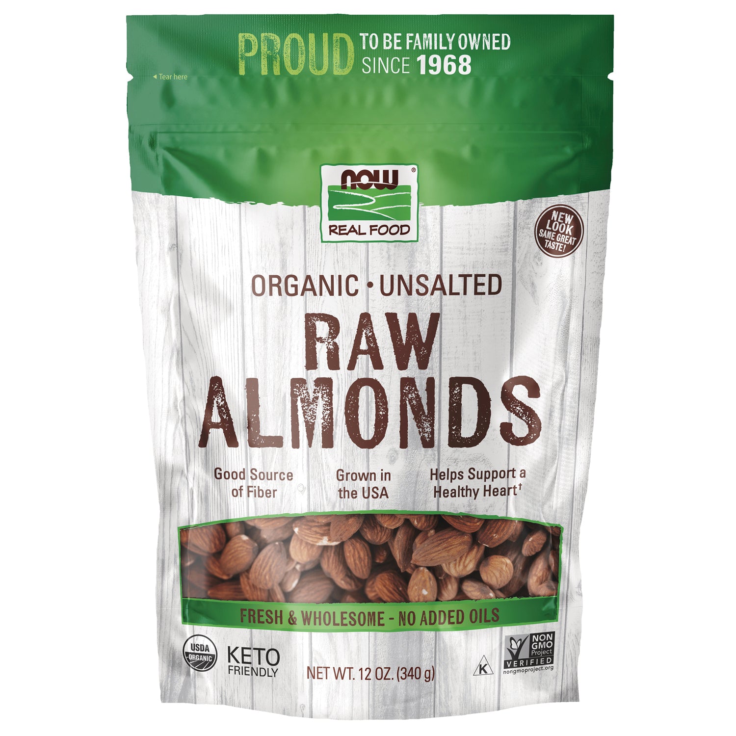 NWF1411 | NOW Real Food organic unsalted RAW ALMONDS front pouch with clear window showing almonds