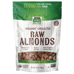 NWF1411 | NOW Real Food organic unsalted RAW ALMONDS front pouch with clear window showing almonds