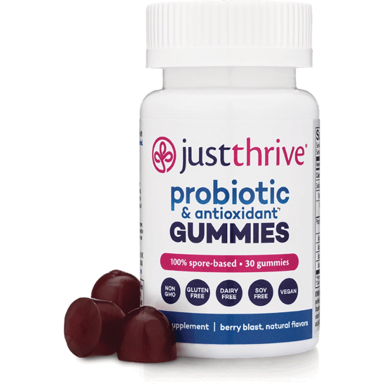 JTR012 | justthrive probiotic & antioxidant gummies bottle, berry blast flavor, three gummies shown