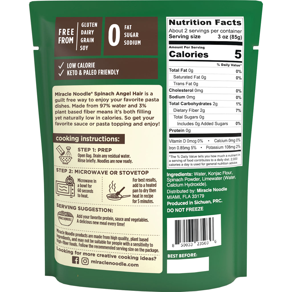 MIR006 | Back of green Miracle Noodle spinach angel hair package showing nutrition facts, ingredients, cooking instructions and barcode - Thumbnail
