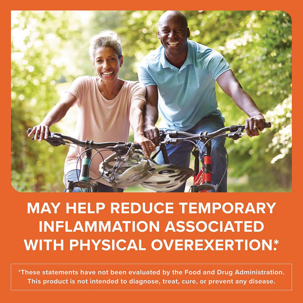 QNL014 | Smiling couple rides bicycles outdoors with text about reducing temporary inflammation from physical overexertion - Thumbnail