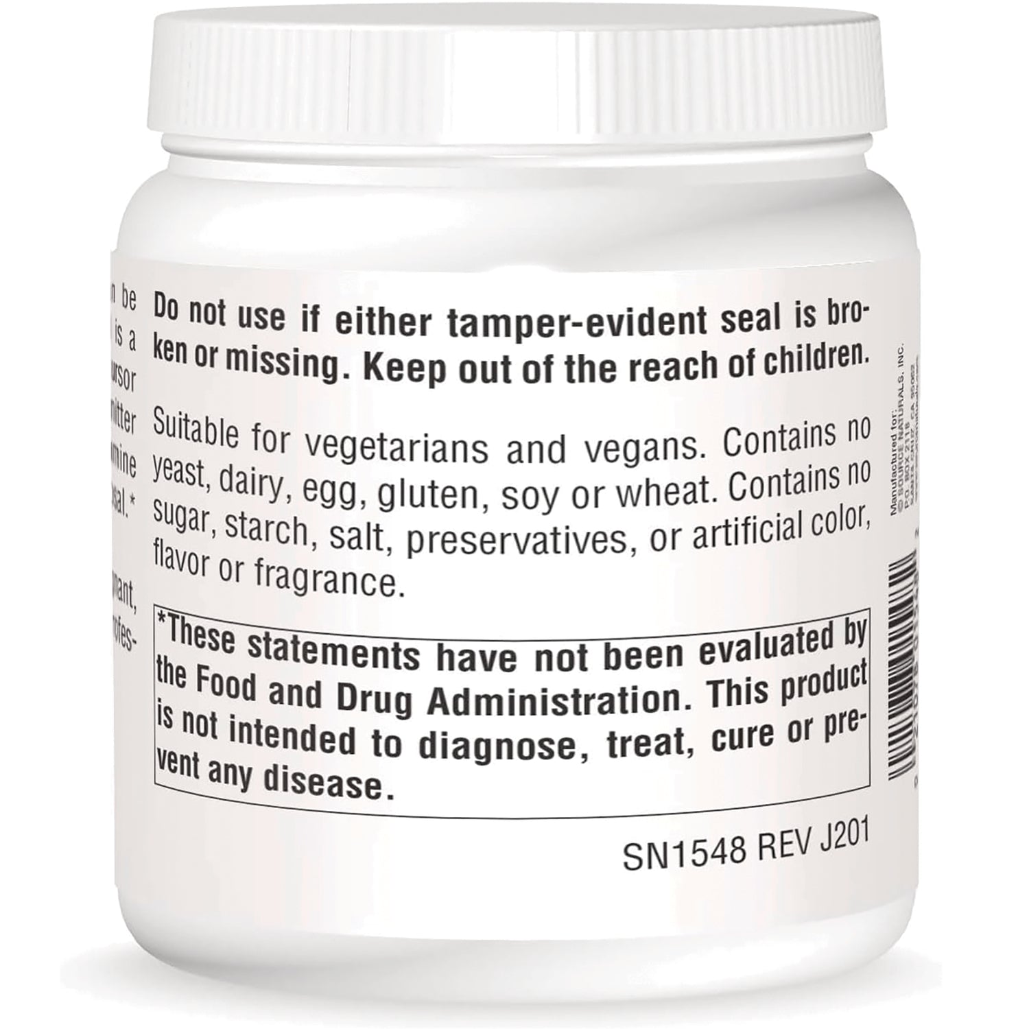 SN532 | Back label with warnings, vegan suitability statement, and FDA disclaimer