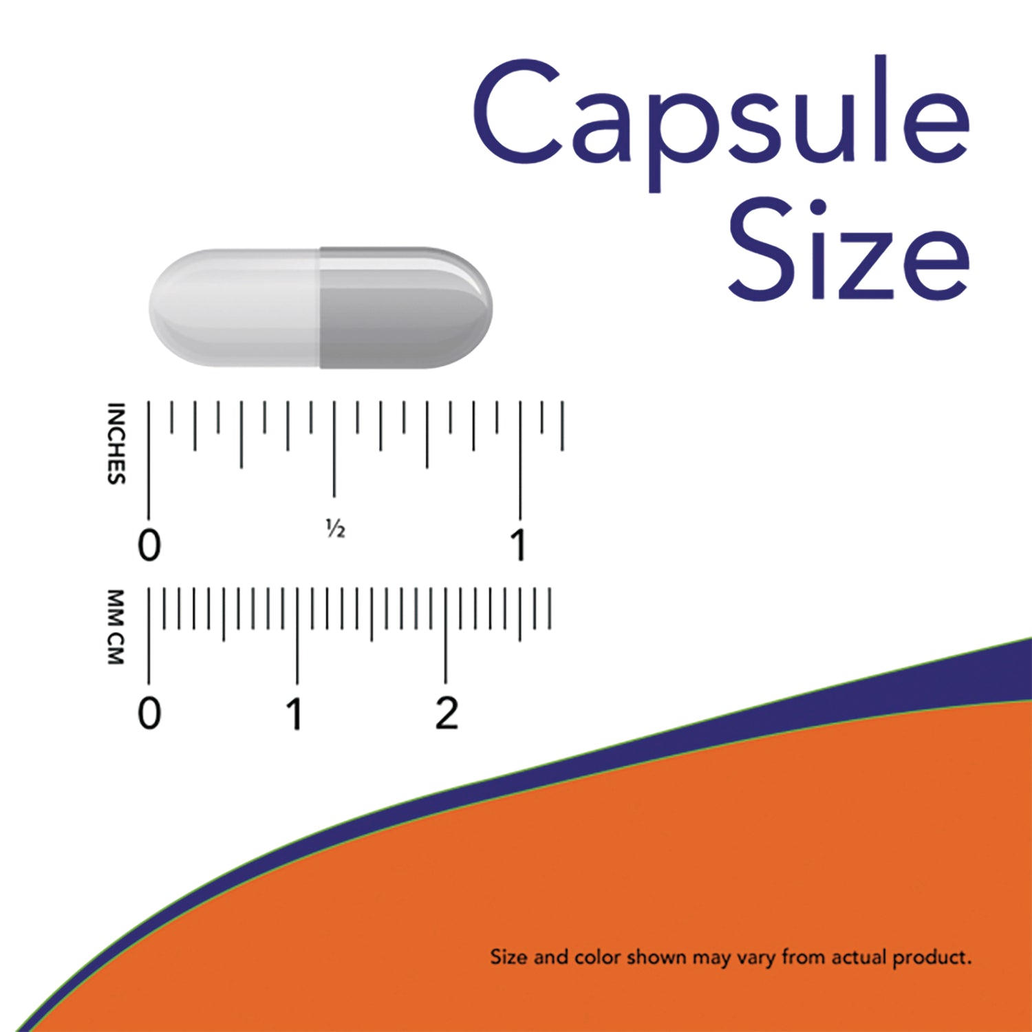 NWF1381 | Gray capsule above rulers in inches and centimeters labeled Capsule Size