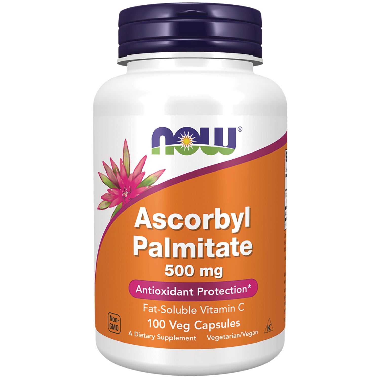 NWF1381 | NOW Ascorbyl Palmitate 500 mg supplement bottle with orange label, 100 veg capsules