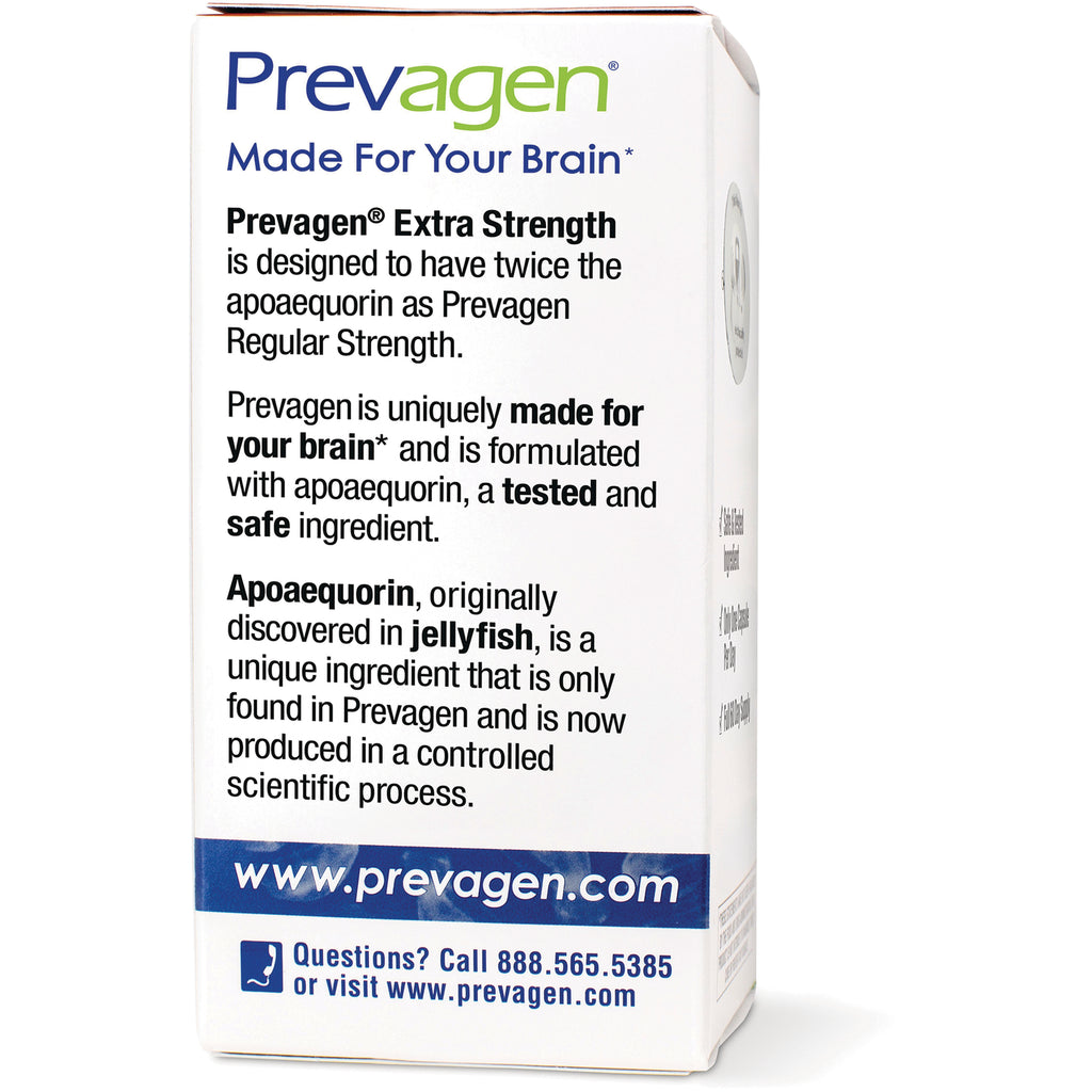 QB009 | Back of Prevagen box showing product copy about extra strength apoaequorin, jellyfish origin, and website prevagen.com - Thumbnail
