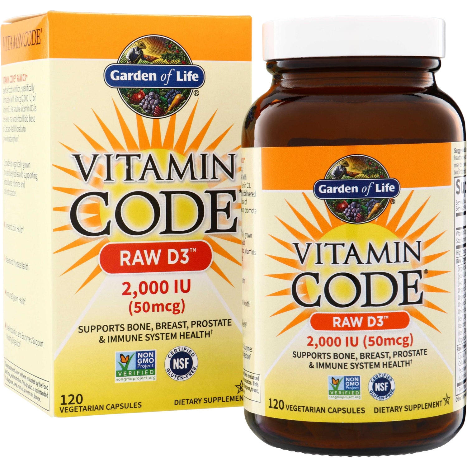 GLF148 | Garden of Life Vitamin Code Raw D3 2,000 IU (50 mcg) dietary supplement, 120 vegetarian capsules