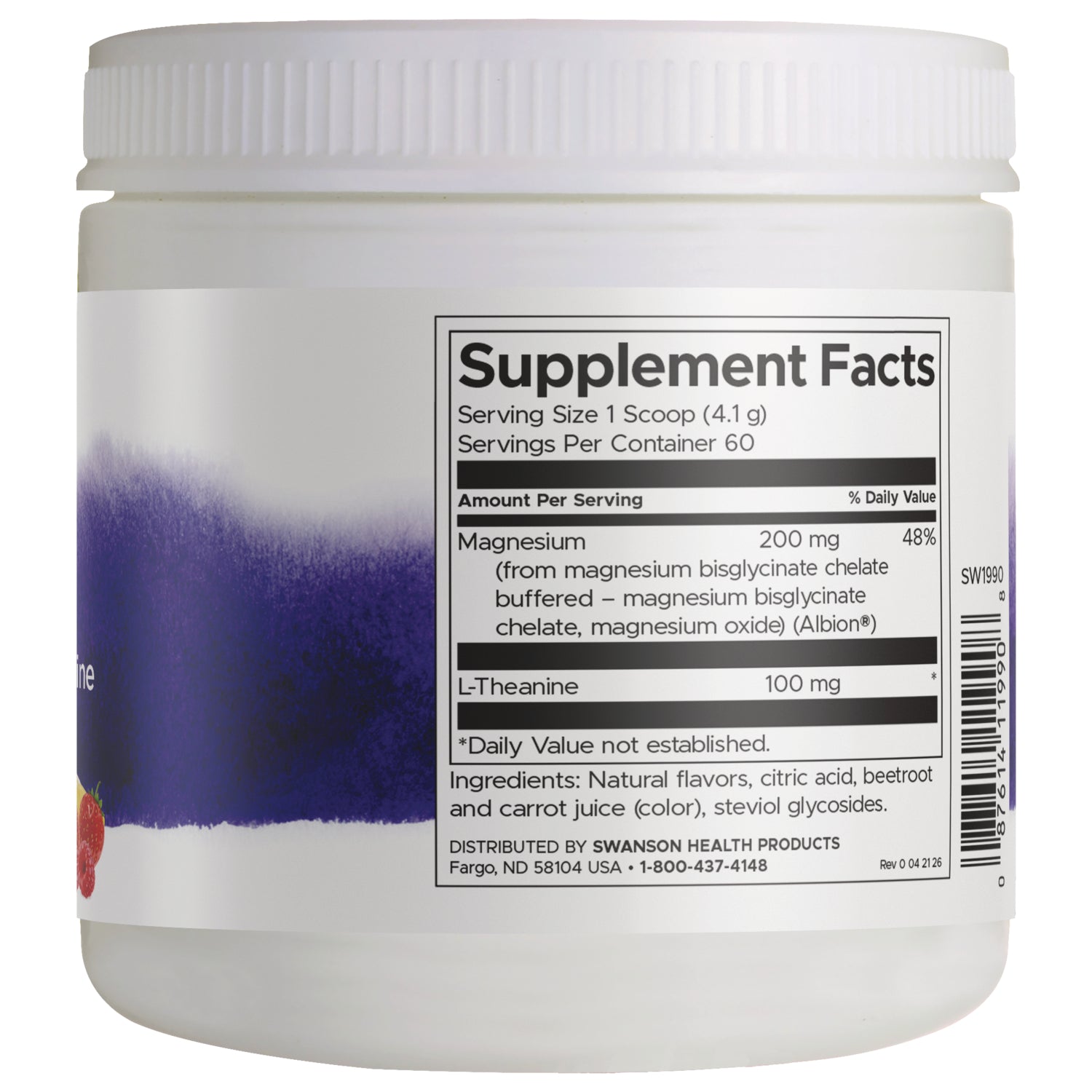 SW1990 | Back label with Supplement Facts showing Magnesium 200 mg, L-Theanine 100 mg, serving size 1 scoop