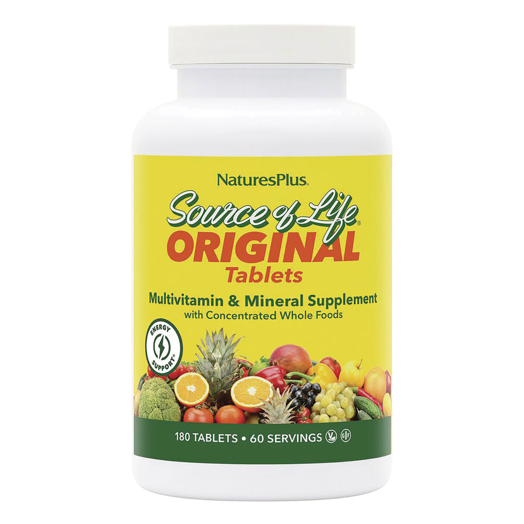 NTP041 | NaturesPlus Source of Life Original tablets multivitamin bottle with yellow label and fruit images, 180 tablets - Thumbnail